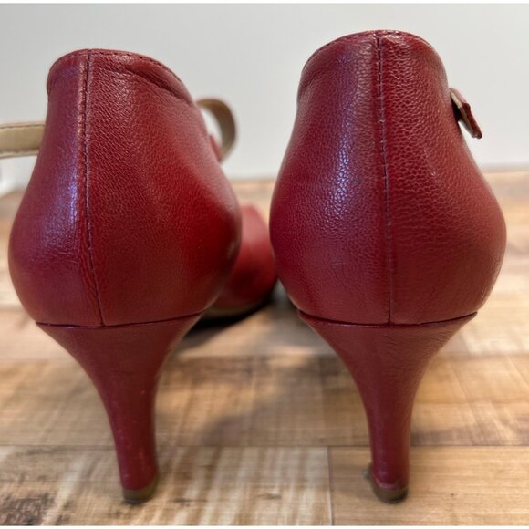 Naturalizer Red Leather Heels Women’s Size 6.5 Cross-Strap Almond Toe Pumps Comf - Picture 4 of 5